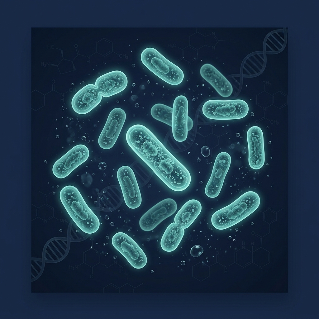 Ilustración microscópica de bacterias probióticas del género Bacillus con brillo teal sobre fondo azul marino