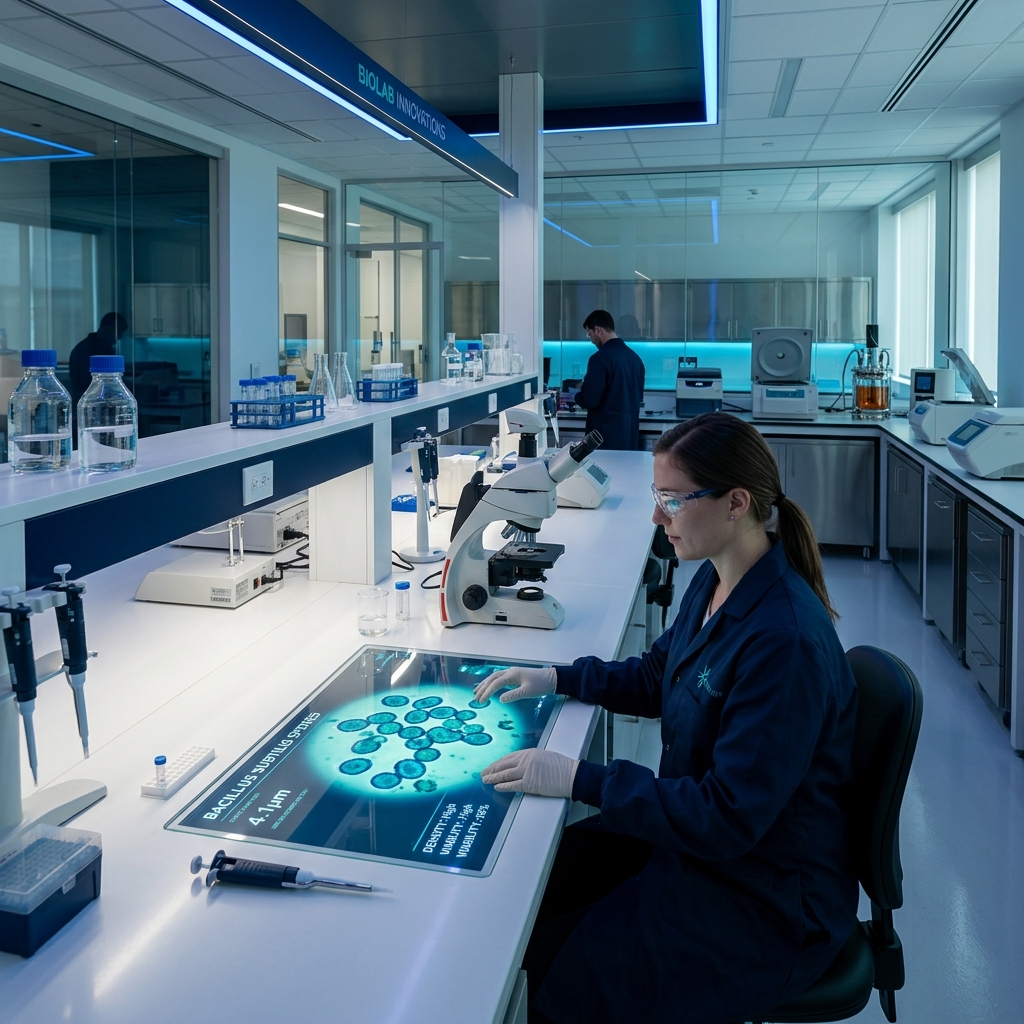 Instalaciones de investigación de Laboratorio BIOBLAS y científica analizando consorcios de Bacillus